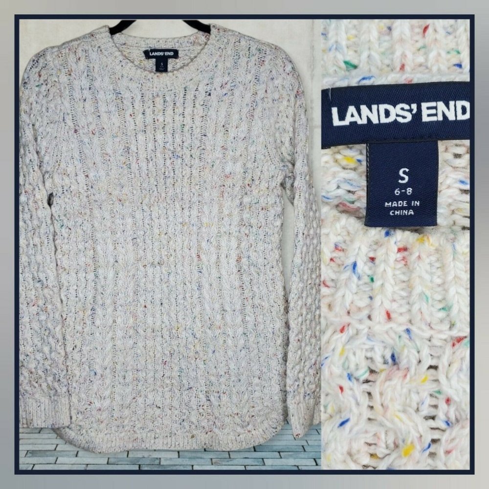 Lands' End Chunky Cable Multicolor Speckled Crew Neck Sweater Size Small